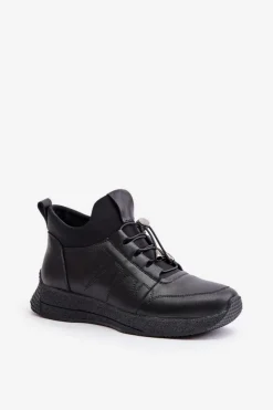 Artiker Buty Sportowe Na Platformie*Ocieplane Buty Sportowe Skórzane Na Zamek 55C0041 Czarne Czarny