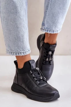 Artiker Buty Sportowe Na Platformie*Ocieplane Buty Sportowe Skórzane Na Zamek 55C0041 Czarne Czarny