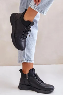 Artiker Buty Sportowe Na Platformie*Ocieplane Buty Sportowe Skórzane Na Zamek 55C0041 Czarne Czarny