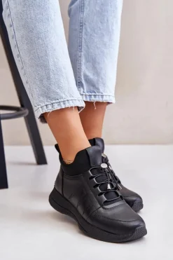 Artiker Buty Sportowe Na Platformie*Ocieplane Buty Sportowe Skórzane Na Zamek 55C0041 Czarne Czarny