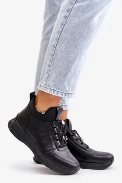 Artiker Buty Sportowe Na Platformie*Ocieplane Buty Sportowe Skórzane Na Zamek 55C0041 Czarne Czarny