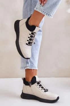 Artiker Buty Sportowe Na Platformie*Ocieplane Buty Sportowe Skórzane Na Zamek 55C0038 Beżowe