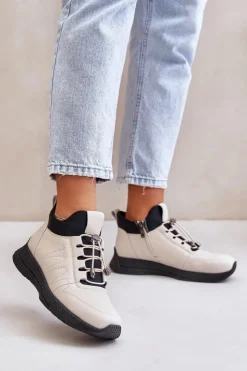 Artiker Buty Sportowe Na Platformie*Ocieplane Buty Sportowe Skórzane Na Zamek 55C0038 Beżowe