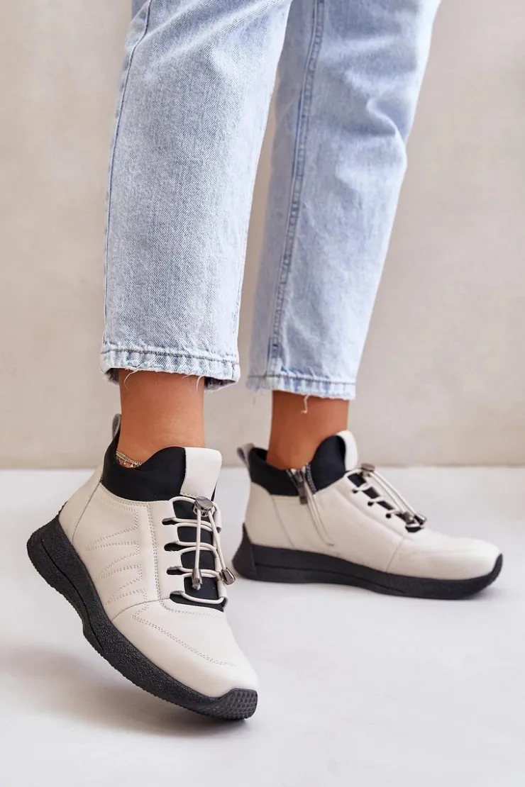 Artiker Buty Sportowe Na Platformie*Ocieplane Buty Sportowe Skórzane Na Zamek 55C0038 Beżowe