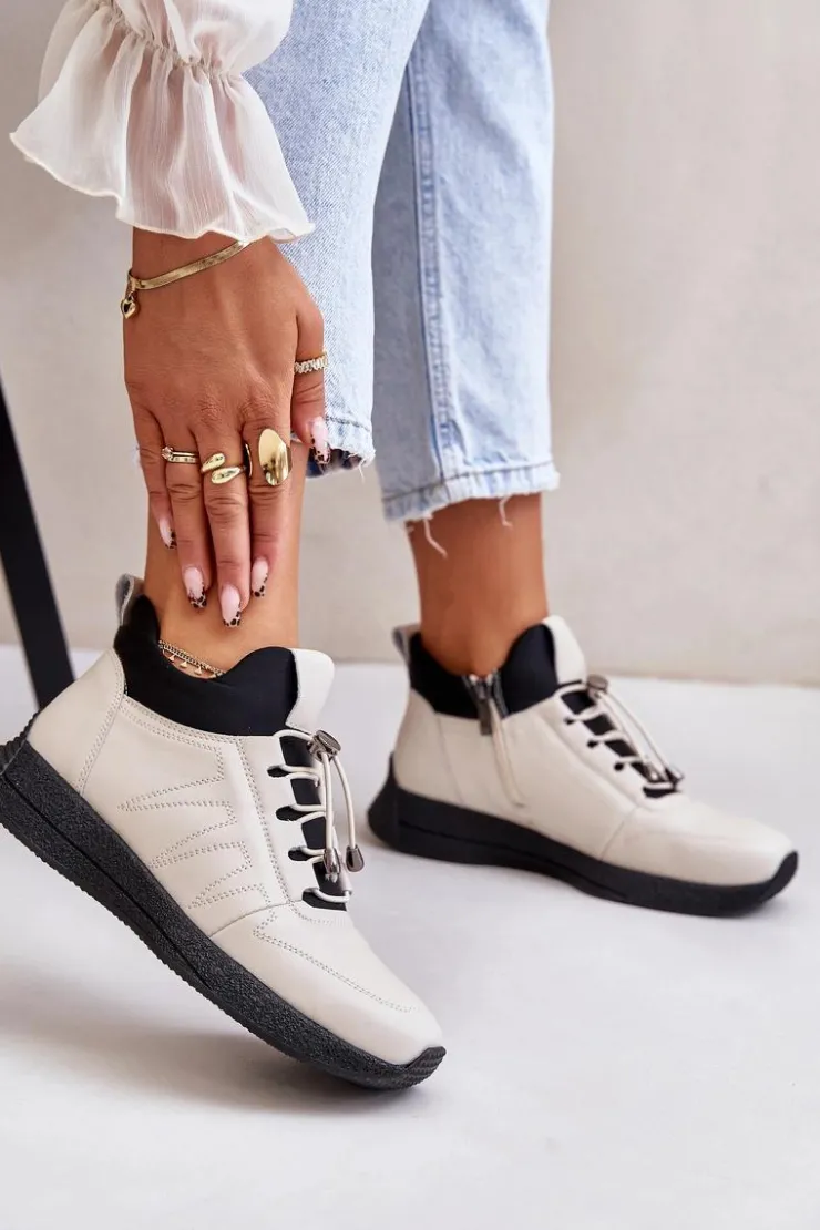 Artiker Buty Sportowe Na Platformie*Ocieplane Buty Sportowe Skórzane Na Zamek 55C0038 Beżowe