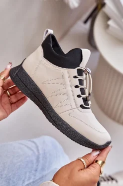 Artiker Buty Sportowe Na Platformie*Ocieplane Buty Sportowe Skórzane Na Zamek 55C0038 Beżowe