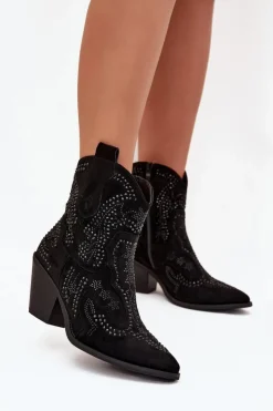 Boto Botki Na Słupku|Botki Na Obcasie*Ocieplane Damskie Botki Kowbojki Ze Zdobieniem Czarne Lelira Czarny