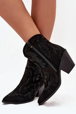 Boto Botki Na Słupku|Botki Na Obcasie*Ocieplane Damskie Botki Kowbojki Ze Zdobieniem Czarne Lelira Czarny