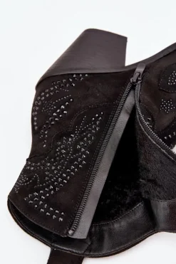 Boto Botki Na Słupku|Botki Na Obcasie*Ocieplane Damskie Botki Kowbojki Ze Zdobieniem Czarne Lelira Czarny