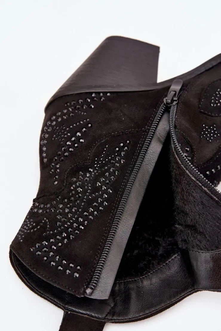Boto Botki Na Słupku|Botki Na Obcasie*Ocieplane Damskie Botki Kowbojki Ze Zdobieniem Czarne Lelira Czarny