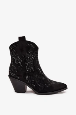 Boto Botki Na Słupku|Botki Na Obcasie*Ocieplane Damskie Botki Kowbojki Ze Zdobieniem Czarne Lelira Czarny