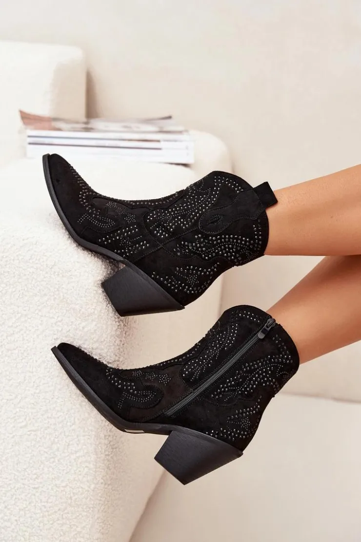 Boto Botki Na Słupku|Botki Na Obcasie*Ocieplane Damskie Botki Kowbojki Ze Zdobieniem Czarne Lelira Czarny