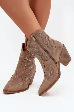 Online Boto Ocieplane Damskie Botki Kowbojki Ze Zdobieniem Beżowe Lelira Beżowy