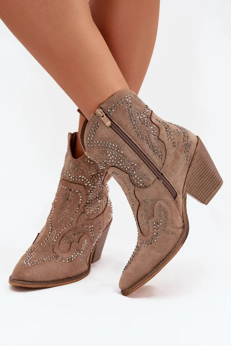 Online Boto Ocieplane Damskie Botki Kowbojki Ze Zdobieniem Beżowe Lelira Beżowy