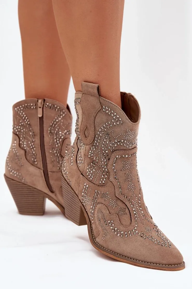 Online Boto Ocieplane Damskie Botki Kowbojki Ze Zdobieniem Beżowe Lelira Beżowy