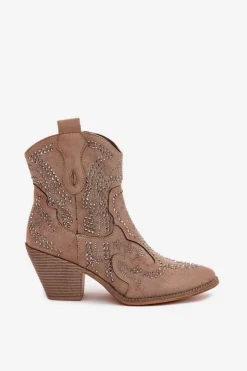 Online Boto Ocieplane Damskie Botki Kowbojki Ze Zdobieniem Beżowe Lelira Beżowy