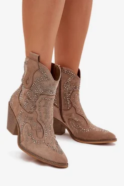 Online Boto Ocieplane Damskie Botki Kowbojki Ze Zdobieniem Beżowe Lelira Beżowy