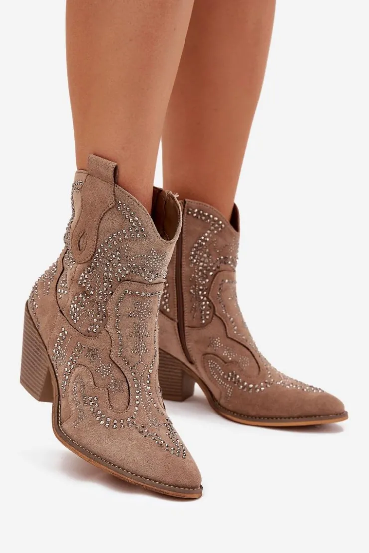 Online Boto Ocieplane Damskie Botki Kowbojki Ze Zdobieniem Beżowe Lelira Beżowy