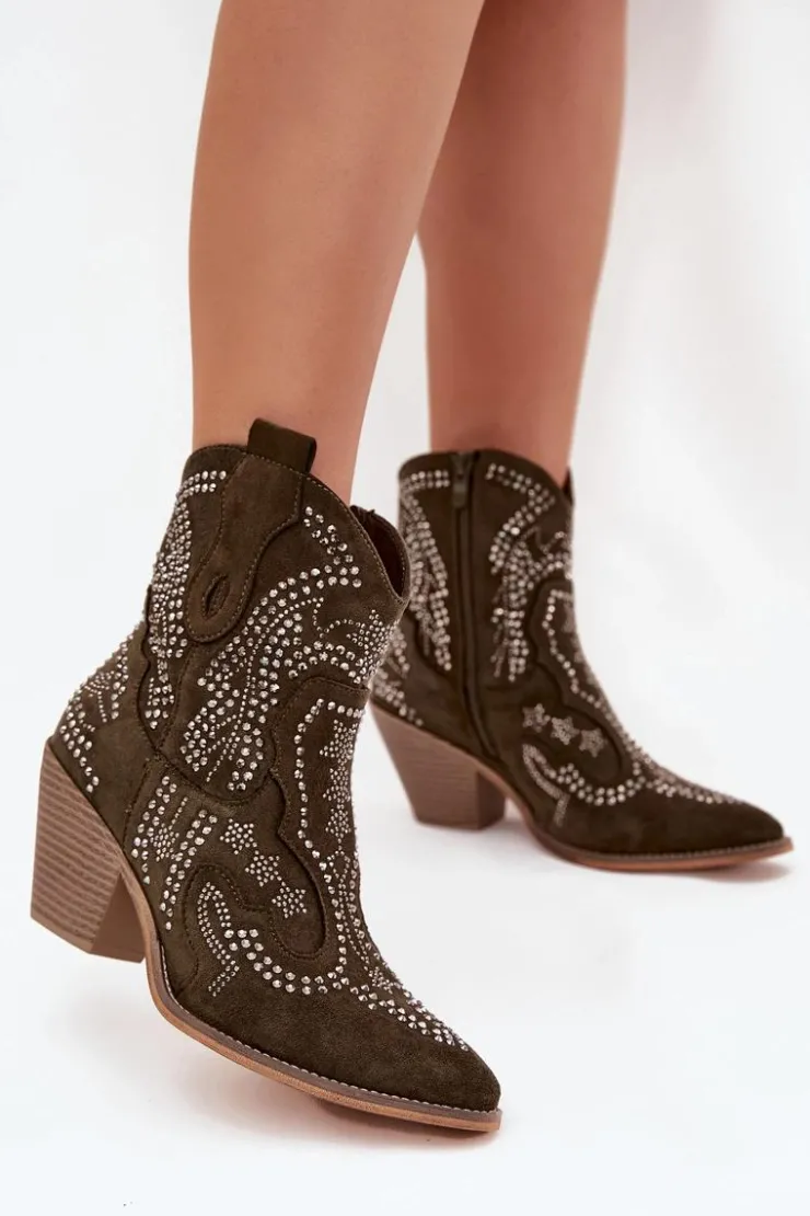 Damskie Boto Ocieplane Damskie Botki Kowbojki Ze Zdobieniem Ciemnozielone Lelira