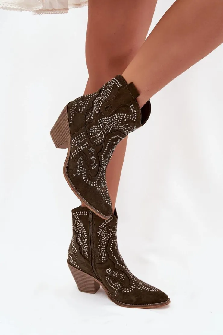 Damskie Boto Ocieplane Damskie Botki Kowbojki Ze Zdobieniem Ciemnozielone Lelira
