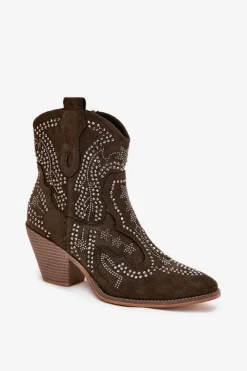 Damskie Boto Ocieplane Damskie Botki Kowbojki Ze Zdobieniem Ciemnozielone Lelira