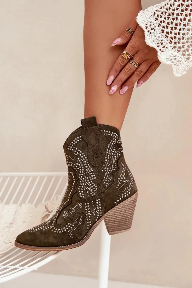 Damskie Boto Ocieplane Damskie Botki Kowbojki Ze Zdobieniem Ciemnozielone Lelira