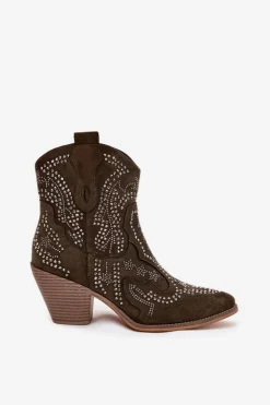 Damskie Boto Ocieplane Damskie Botki Kowbojki Ze Zdobieniem Ciemnozielone Lelira