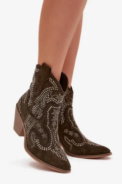 Damskie Boto Ocieplane Damskie Botki Kowbojki Ze Zdobieniem Ciemnozielone Lelira