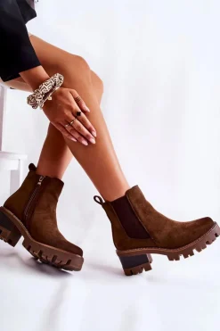 Damskie Boto Ocieplane Damskie Botki Na Suwak Brązowe Lenaris