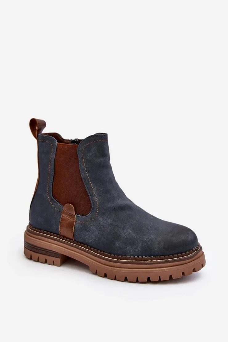 Evento Ocieplane Damskie Botki Sztyblety Na Płaskim Obcasie Niebieskie Myrine