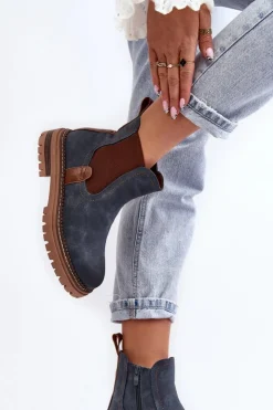 Evento Ocieplane Damskie Botki Sztyblety Na Płaskim Obcasie Niebieskie Myrine