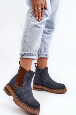 Evento Ocieplane Damskie Botki Sztyblety Na Płaskim Obcasie Niebieskie Myrine