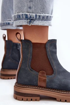 Evento Ocieplane Damskie Botki Sztyblety Na Płaskim Obcasie Niebieskie Myrine