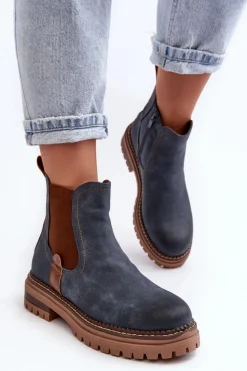 Evento Ocieplane Damskie Botki Sztyblety Na Płaskim Obcasie Niebieskie Myrine