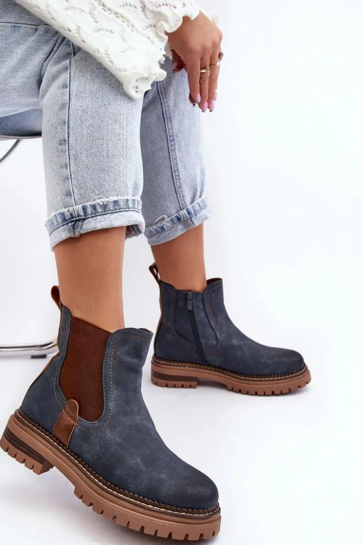 Evento Ocieplane Damskie Botki Sztyblety Na Płaskim Obcasie Niebieskie Myrine