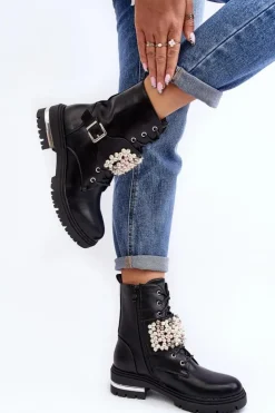 Boto Botki Wiosenne|Botki Ocieplane*Ocieplane Damskie Workery Botki Zdobione Czarne Venizi