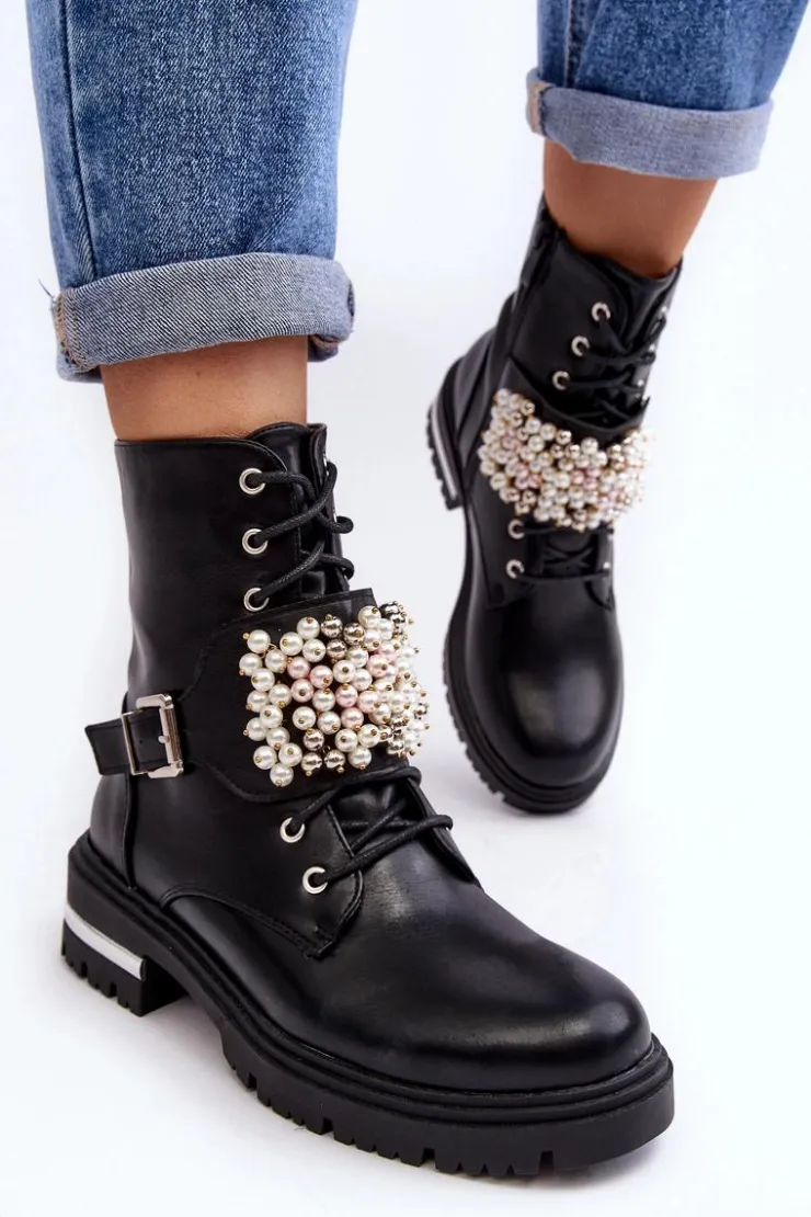 Boto Botki Wiosenne|Botki Ocieplane*Ocieplane Damskie Workery Botki Zdobione Czarne Venizi