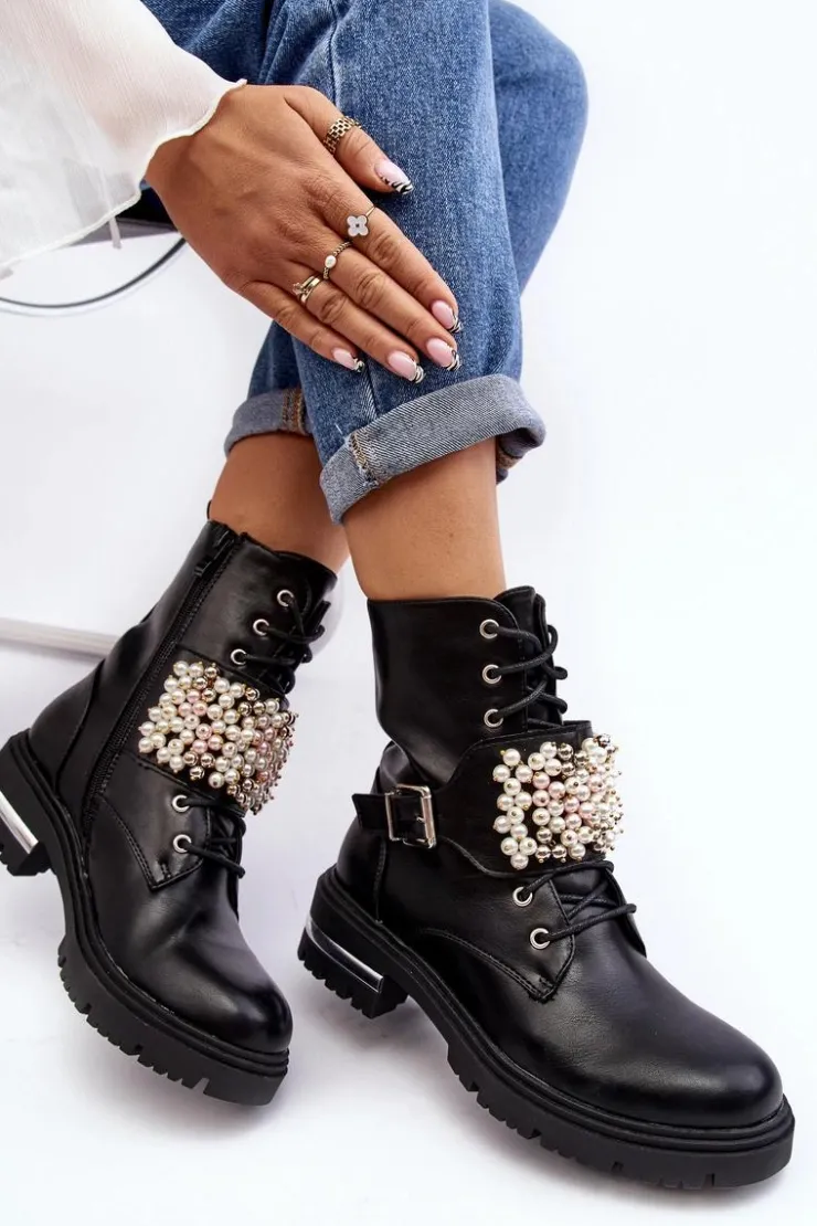 Boto Botki Wiosenne|Botki Ocieplane*Ocieplane Damskie Workery Botki Zdobione Czarne Venizi