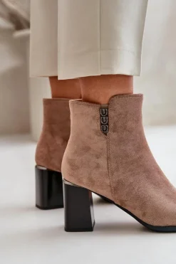 Boto Botki Ocieplane|Botki Na Słupku*Ocieplane Eko Zamszowe Botki Damskie Na Słupku Zapinane Na Zamek Brązowe Erillia