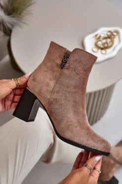 Boto Botki Ocieplane|Botki Na Słupku*Ocieplane Eko Zamszowe Botki Damskie Na Słupku Zapinane Na Zamek Brązowe Erillia