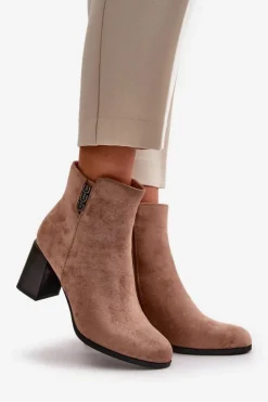 Boto Botki Ocieplane|Botki Na Słupku*Ocieplane Eko Zamszowe Botki Damskie Na Słupku Zapinane Na Zamek Brązowe Erillia