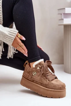 Damskie Boto Ocieplane Futerkiem Sneakersy Damskie Na Platformie Brązowe Velarisea