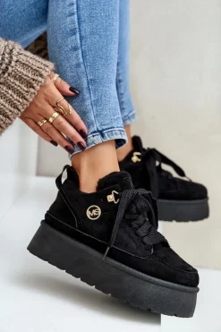 Outlet Boto Ocieplane Futerkiem Sneakersy Damskie Na Platformie Czarne Velarisea