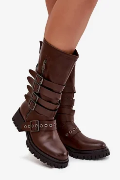 Damskie Boto Ocieplane Kozaki Damskie Z Paskami I Klamrami Brązowe Ivaline
