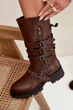 Damskie Boto Ocieplane Kozaki Damskie Z Paskami I Klamrami Brązowe Ivaline