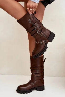 Damskie Boto Ocieplane Kozaki Damskie Z Paskami I Klamrami Brązowe Ivaline