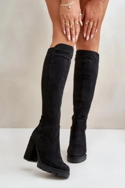 Damskie Boto Ocieplane Kozaki Damskie Na Słupku Eko Zamszowe Czarne Tirisha