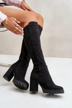 Damskie Boto Ocieplane Kozaki Damskie Na Słupku Eko Zamszowe Czarne Tirisha