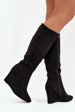 Outlet Boto Ocieplane Kozaki Damskie Na Koturnie Czarne Rosina Czarny