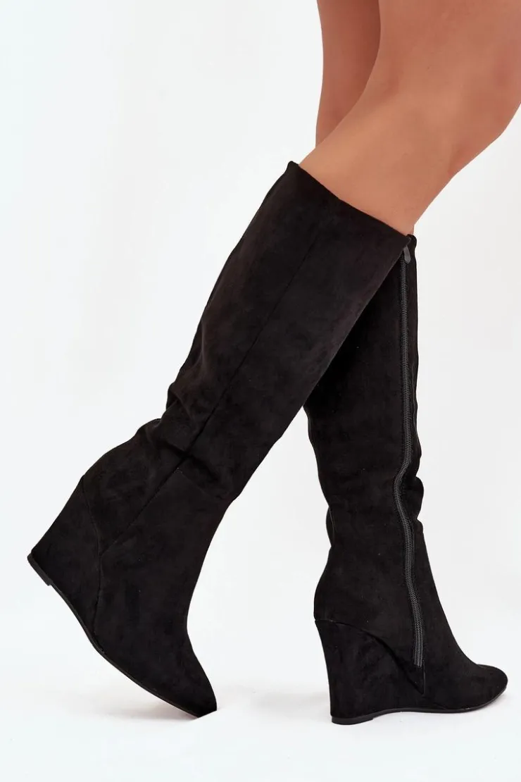 Outlet Boto Ocieplane Kozaki Damskie Na Koturnie Czarne Rosina Czarny